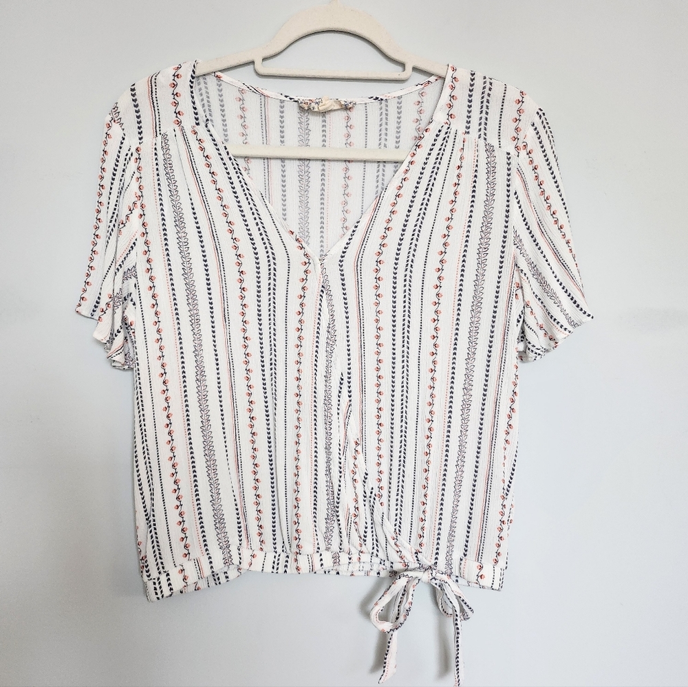 Pink Republic, Med, White Blouse with black and coral/pink striped floral design